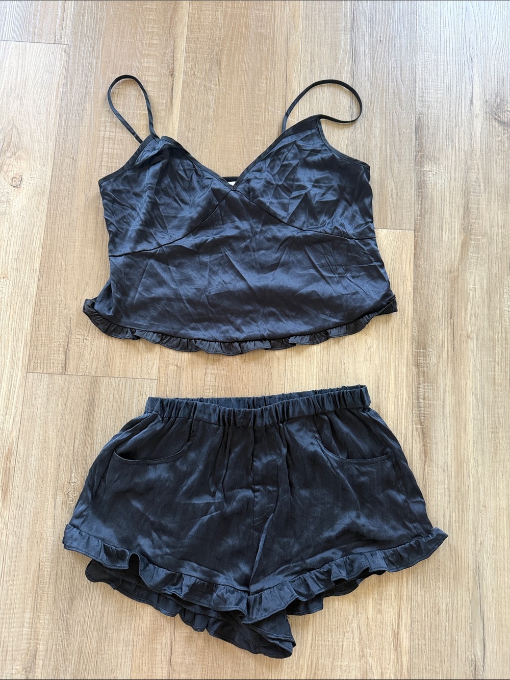 Fleur Du Mal Silk Black Ruffle Cami & Short Sleep Set
